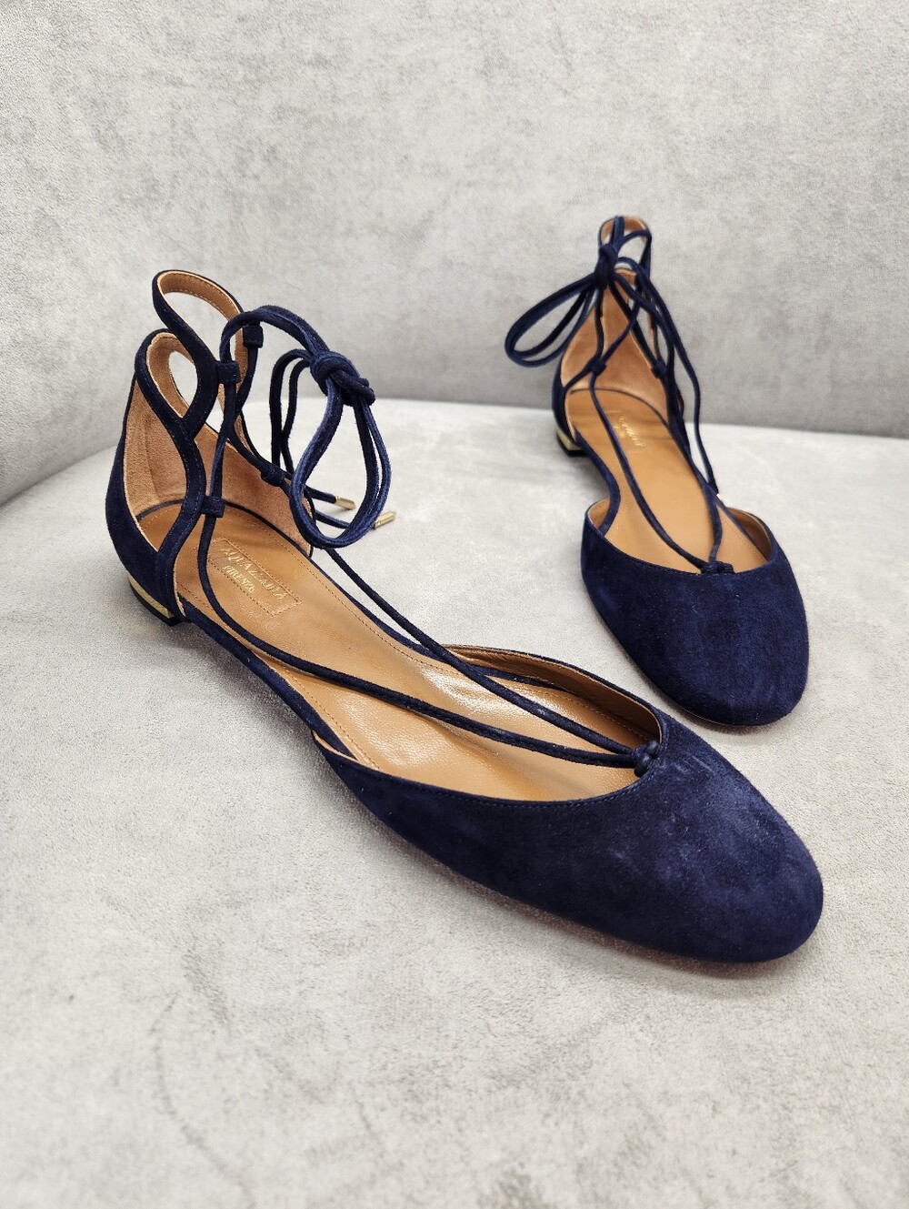 Aquazzura LaceUp Ballet Flats 10.5 Navy Blue Suede Luxury Made In Italy New $700